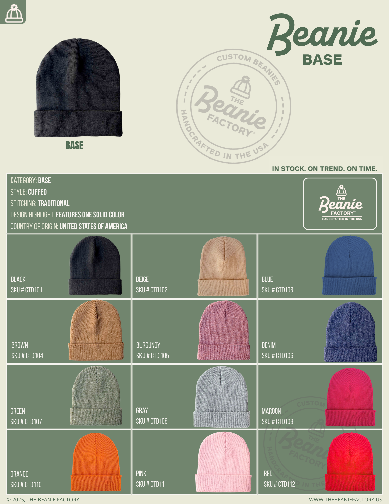Beanie Base collection of beanies. The colors, Black, beige, blue, brown, burgundy, orange, pink, red, maroon denim blue, green