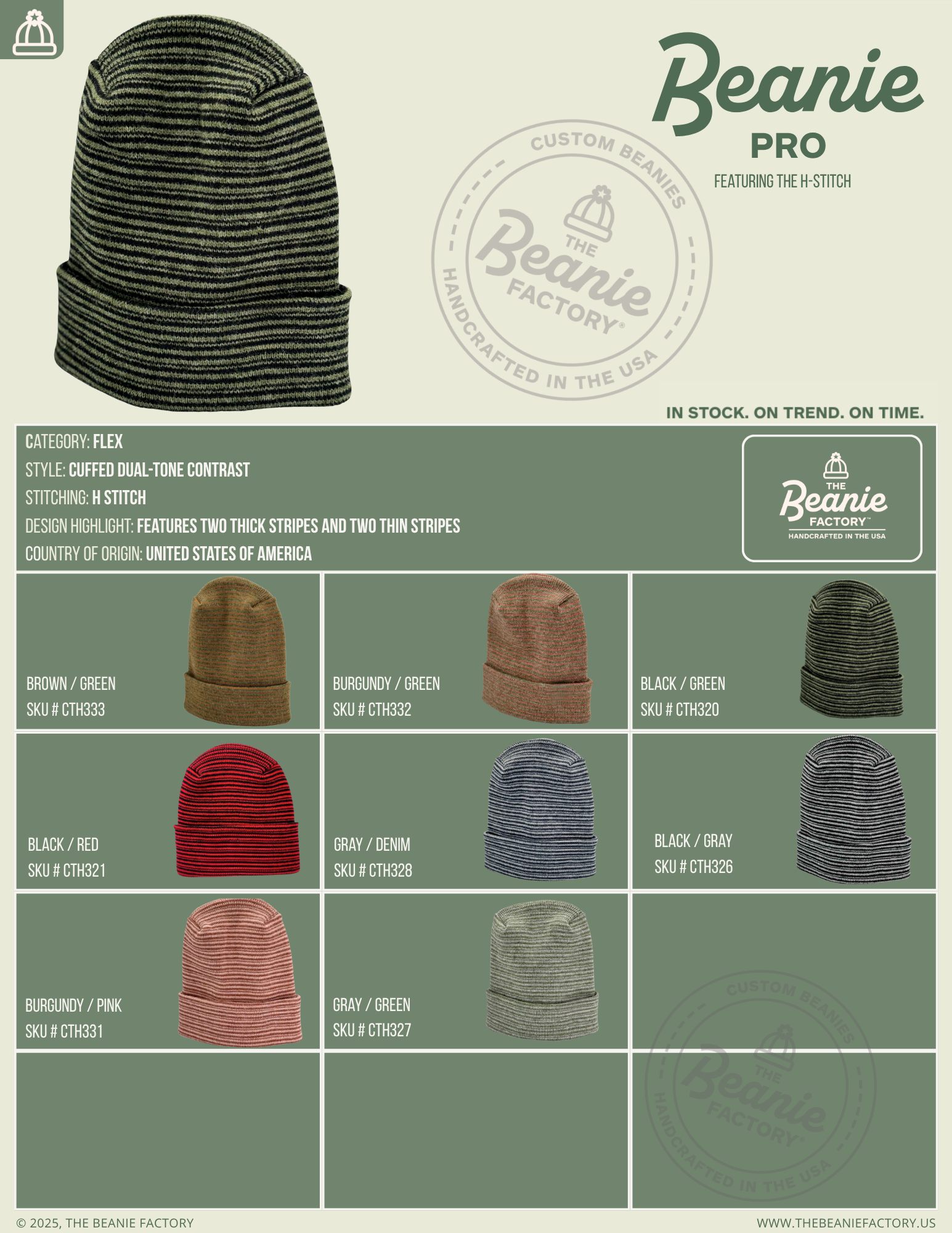 TBF PRO Beanie, Featuring the H-Stitch, Contrast, Brown/Green