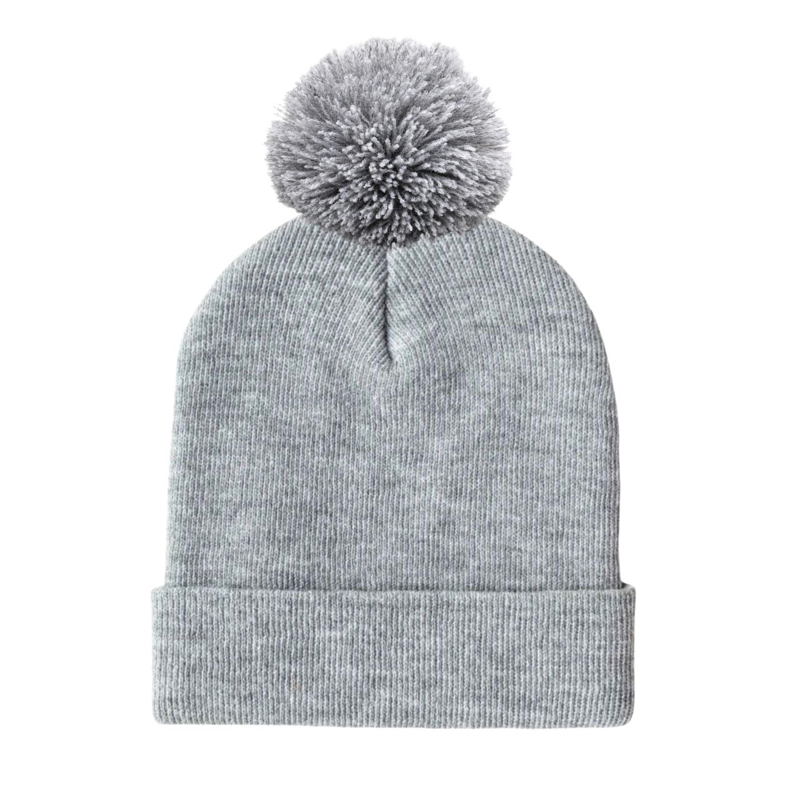 Photo of the Beanie Base against a white background. The hat is white and gray and has a pompom on top. The hat can be personalized to your brand's colors and logo.