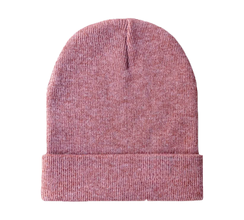 The Beanie Factory's kids model is shown laying flat. The hat is in a pink color and is unadorned. The hat can be customized.