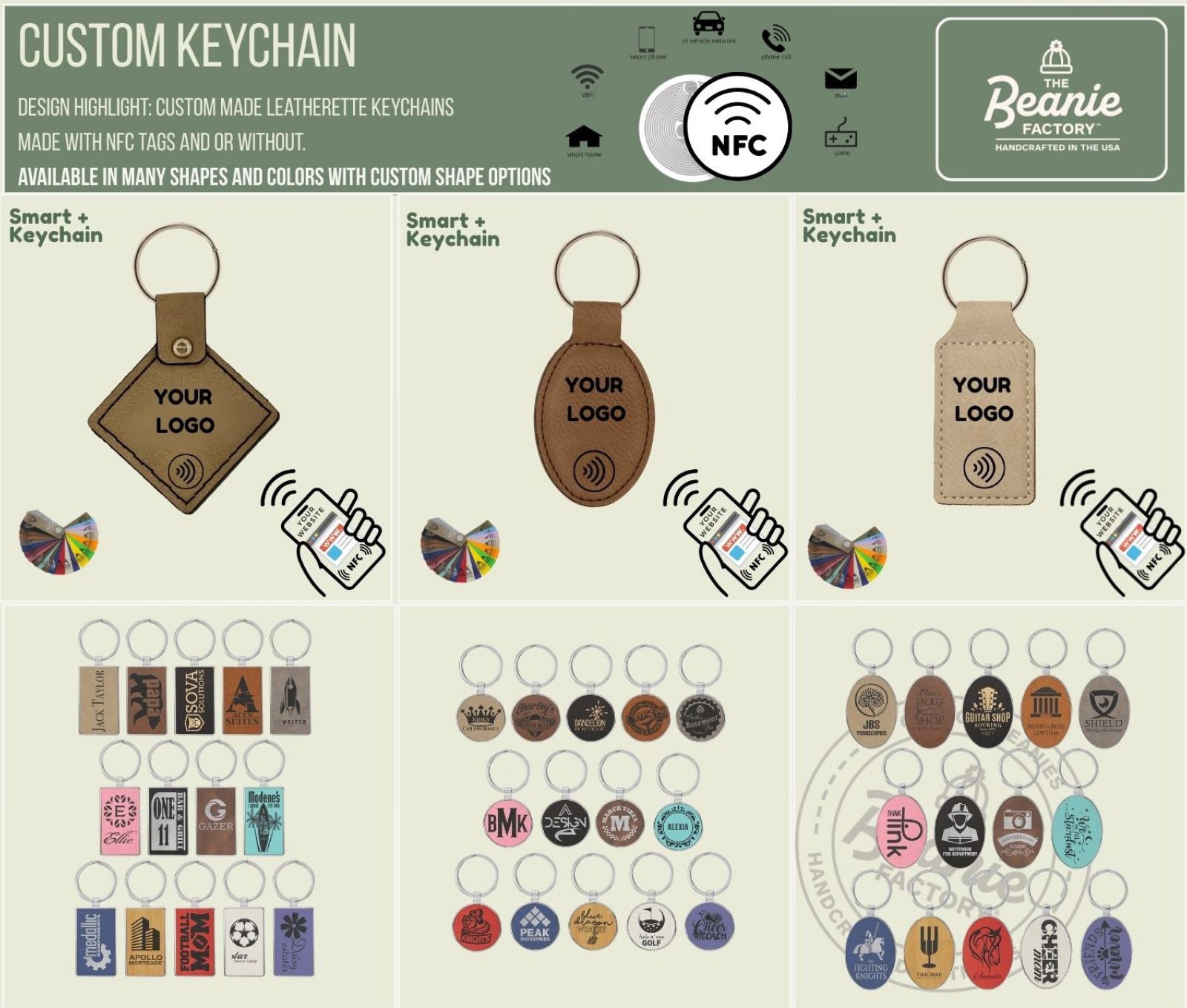 Multiple shapes for custom keychains with NFC technology are shown. Choose from diamond, rectangle, oval, and other shapes, in multiple colors. 