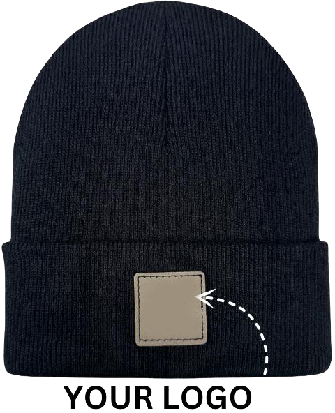 Black beanie with a beige patch and 'Your Logo' text on a white background