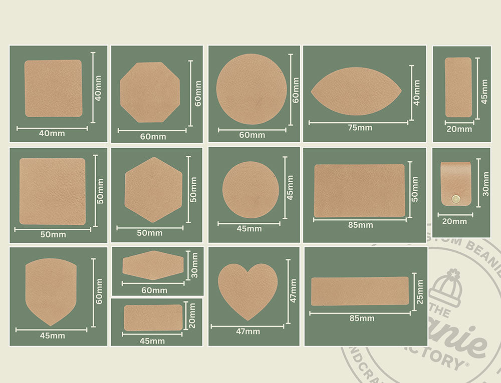 The image shows 15 options for different sizes and shapes of leatherette patches. The patches are fully customizable for your brand and can be applied to any hat made by The Beanie Factory.